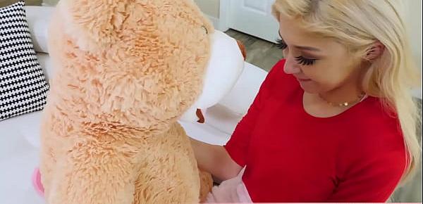  Cute blonde petite GF needs cock so she fucks her teddy bear real quick